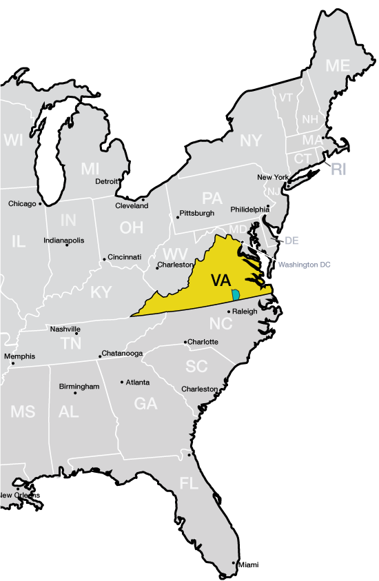 East Coast map of US showing Brunswick County, Virginia