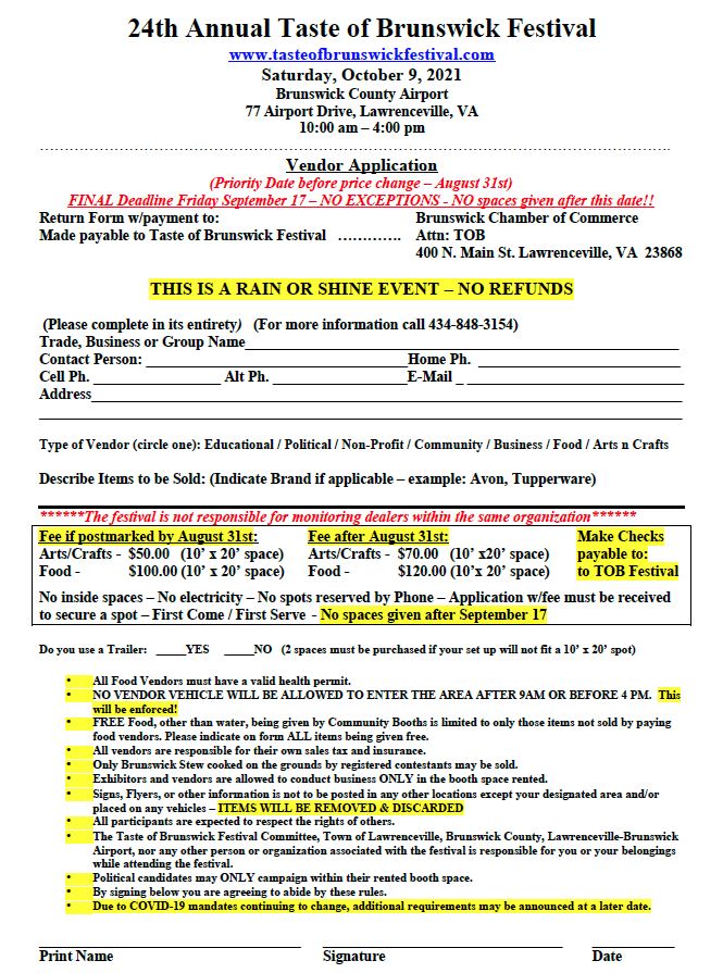 Taste of Brunswick Registration Form